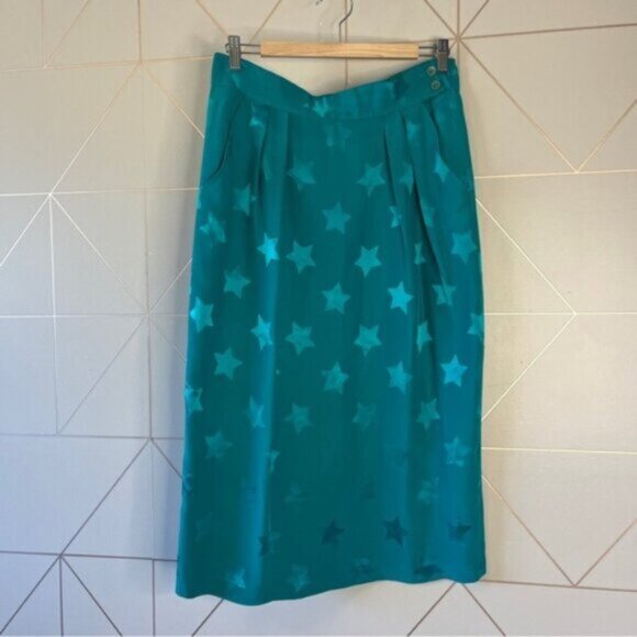 Vintage 100% Silk Star Print Midi Skirt Teal - Picture 2 of 5